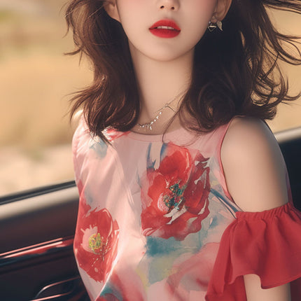 New Chinese Style Summer Xiaizhong French Style Light Mature Chic Beautiful Top Light Luxury High-end Red Printed Dig Shoulder Shirt for Women