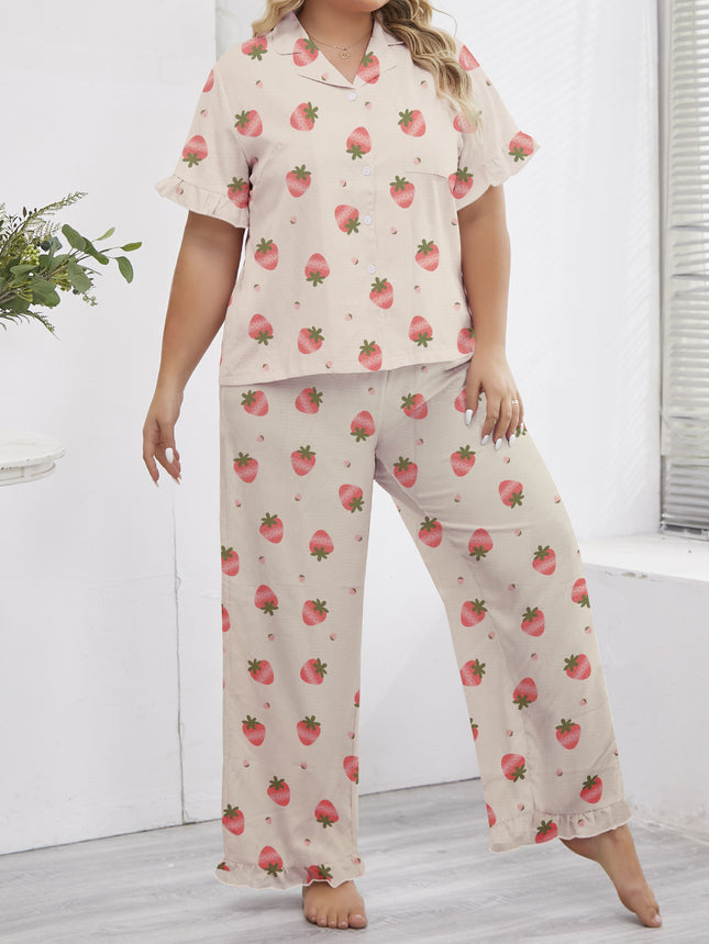Cross-border Foreign Trade Special for Women's Pajamas Spring and Summer Fresh Strawberry Printed Lapel Two-piece Suit Casual Loose Home