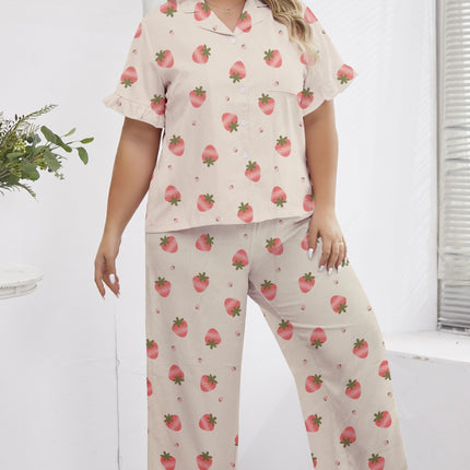 Cross-border Foreign Trade Special for Women's Pajamas Spring and Summer Fresh Strawberry Printed Lapel Two-piece Suit Casual Loose Home