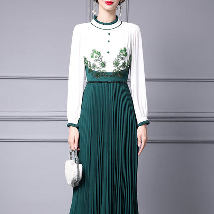 Zhili 2026 New Style Dress, Unique Design, Ruffled Collar, Beaded, Slimming, Figure-Flattering, Long Pleated Skirt