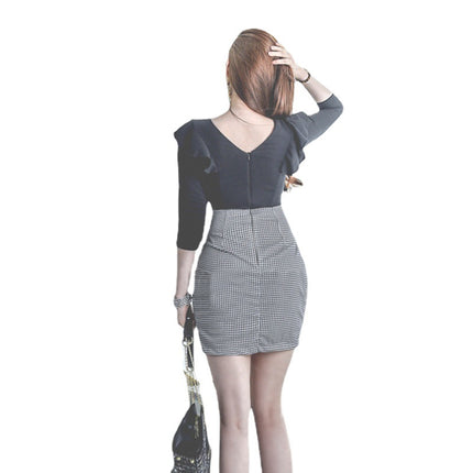 2026 Summer Southeast Asia Korean Style Fashion Women's Square Neck Ruffle Sleeve Plaid Bodycon Slim Dress 4460
