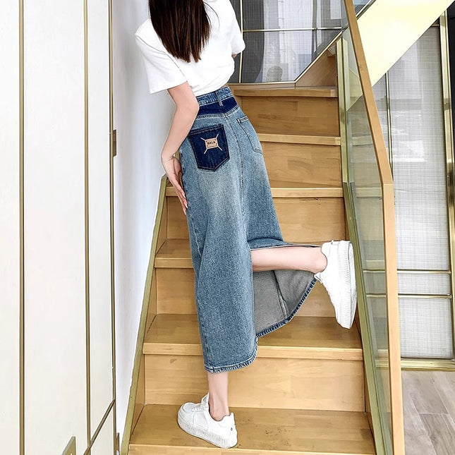 Vintage Split Half-length Denim Skirt Women's New 2024 Summer Contrast A- line Half-skirt Spring and Autumn Mid-length Hong Kong-style Thin