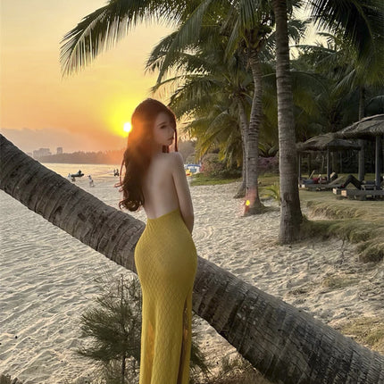 Special Offer Sexy Big Backless Ginger Halterneck Cut Out Knitted Bohemian Beach Skirt Vacation Long Skirt Travel Photography