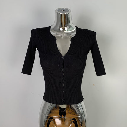 South Korea Dongdaemun Slim-fit Slimming Sexy Feminine V-neck Figure All-match Half-sleeve Knitted Cardigan Top