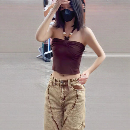 In-Stock Meng Zi Yi Style American Vintage Washed Women's Jeans 2025 Spring Hot Girl Ruched Design Floor-Length Pants