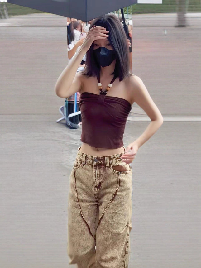 In-Stock Meng Zi Yi Style American Vintage Washed Women's Jeans 2025 Spring Hot Girl Ruched Design Floor-Length Pants