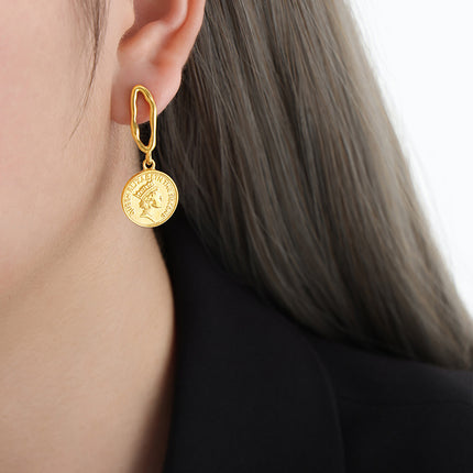 Cross-border European and American Fashion Figure Coin Roman Earrings Court Retro Personality Round Brand Stainless Steel Earrings Jewelry Women