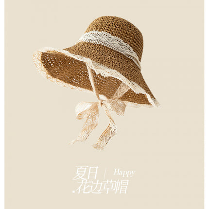 Straw Hat Seaside Large Brim Sun Hat Women's Summer Breathable Face-Covering Sun Hat Lace Beach Hat Sun Protection Hat