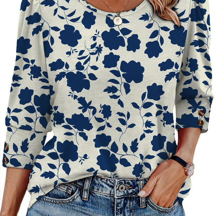 50 Colors Cross-Border European and American Amazon Spring and Summer New Printed T-Shirts with Cuff Buttons, Casual Versatile Vacation Women's Clothing