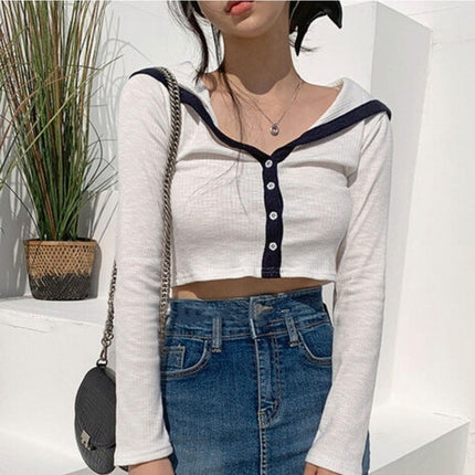 South Korea Spring and Summer New Elegant All-match Color Matching Navy Collar Short Figure Styliky All-match Long-sleeved T-shirt for Women