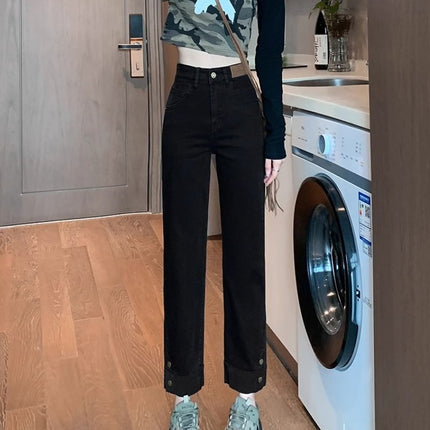 Black Smoke Tube Jeans Women's Trendy All-match New High Waist Slimming Slim-fit Cropped Stitching Narrow Straight Trousers