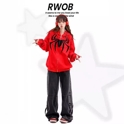 plus size National Fashion Embroidered Spider Hooded Sweater Jacket Men's and Women's Loose oversize Couple's Cardigan Top All-match