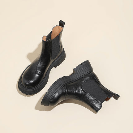 Casual and Good-Looking ~ Retro British Style Round Toe Thick Heel Thick Sole Chimney Boots Chelsea Boots Short Boots for Women Autumn and Winter New Style