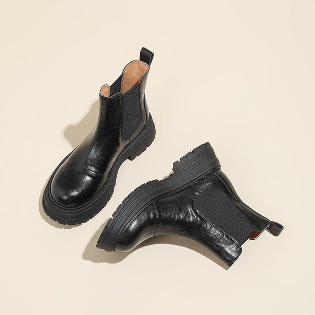 Casual and Good-Looking ~ Retro British Style Round Toe Thick Heel Thick Sole Chimney Boots Chelsea Boots Short Boots for Women Autumn and Winter New Style