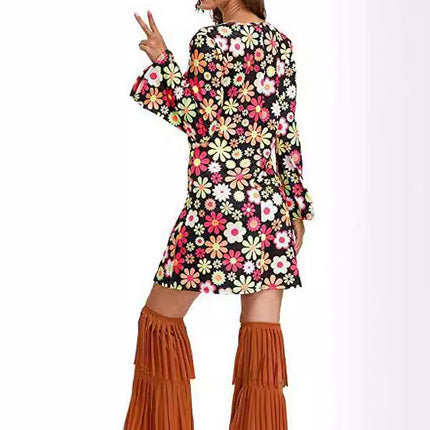 2026 Amazon Halloween Cross-Border Women's Clothing 1970S 1980S Hippie Clothing Printed Dress