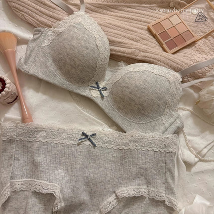 Strawberry Mochi ~ Gentle and Pure Desire Girl Lace Floral Underwear Women's Small Breast Push-Up Wireless Bra Set