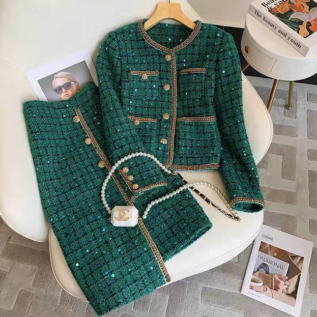 Vintage Heavy Industry Coat Green Sequin Small Fragrant Style suit Women's Autumn and Winter 2024 New High Waist Split Skirt