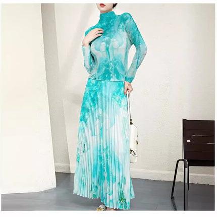 Spring High-Bottom Pleated Corn Kernel Graffiti Long-Sleeved Turtleneck T-Shirt Bottoming Shirt Drapedy Stereo Large Swing Skirt Two-Piece Set