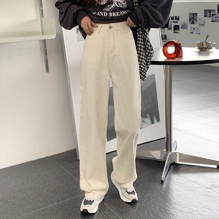 White wide-leg jeans for women 2024 Autumn New Korean style high waist loose pear-shaped straight mop pants