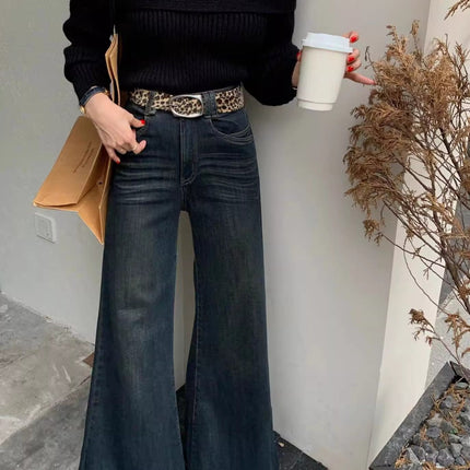 Fleece-Lined, Thickened, Warm, High-Waisted, Slightly Flared Jeans for Women, 2025 Winter, Vintage, Slimming, Drapey, Flared Floor-Length Pants