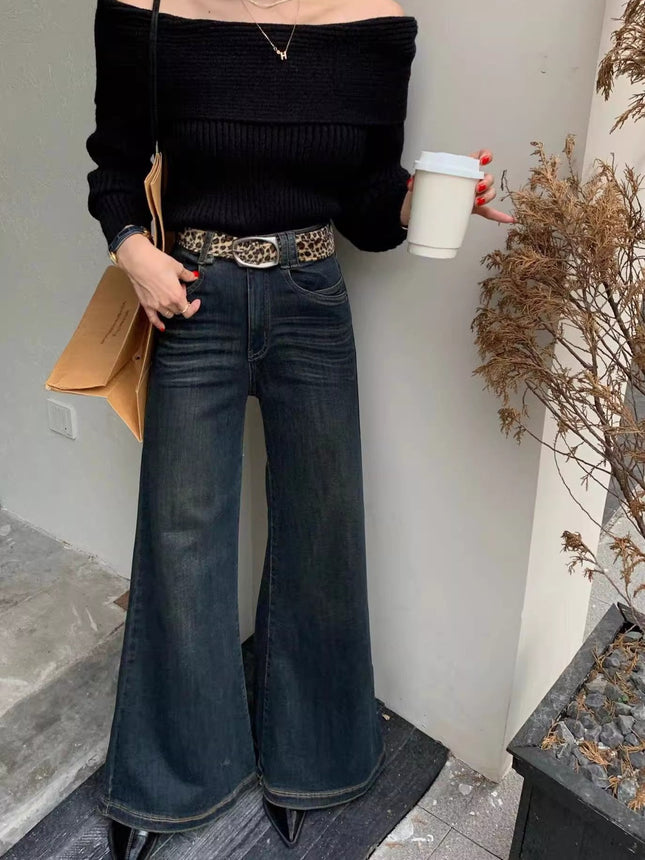 Fleece-Lined, Thickened, Warm, High-Waisted, Slightly Flared Jeans for Women, 2025 Winter, Vintage, Slimming, Drapey, Flared Floor-Length Pants