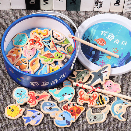 Magnetic Wooden Barrel Marine Fishing Toy Children's Early Education Educational Cognitive Fun Boys and Girls Parent-Child Games
