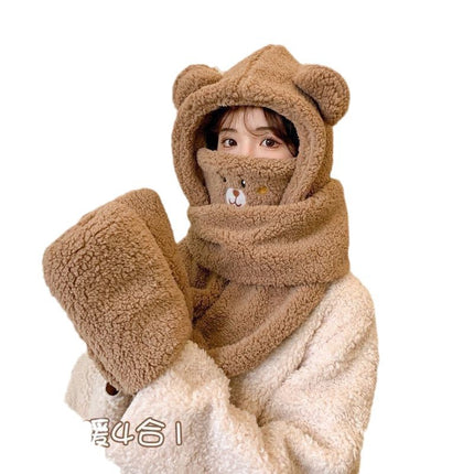 Little Bear Hat Winter Cute Scarf Gloves One-piece Winter Neck Hooded Women's Mask Warm Internet Celebrity Four-piece Set
