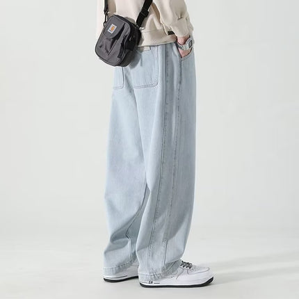 Trendy Brand Japanese Style Retro light blue Straight Jeans Men's Spring and Summer New High Street Loose Wide Leg Long Pants