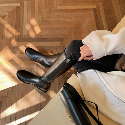 Chanel style black boots for women autumn and winter New flat high-top riding boots knee-high boots high boots