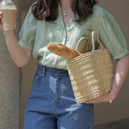 Meliiy 2025 New Retro Doll Collar Puff Sleeve Light Green Top Women's Summer Thin Short-Sleeved Shirt