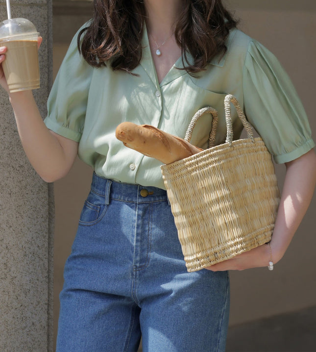 Meliiy 2025 New Retro Doll Collar Puff Sleeve Light Green Top Women's Summer Thin Short-Sleeved Shirt