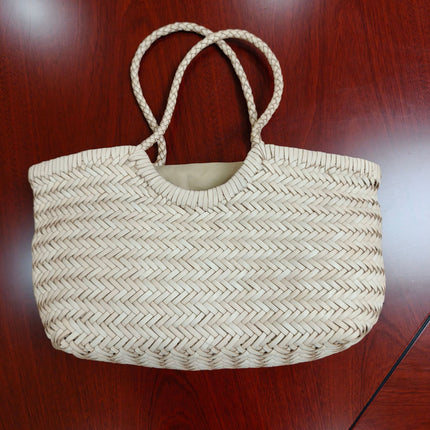 New French Style Leather Woven Bag Retro Top Layer Cowhide Vegetable Basket Ins Hot Selling Handmade Tote Bag for Spring and Summer