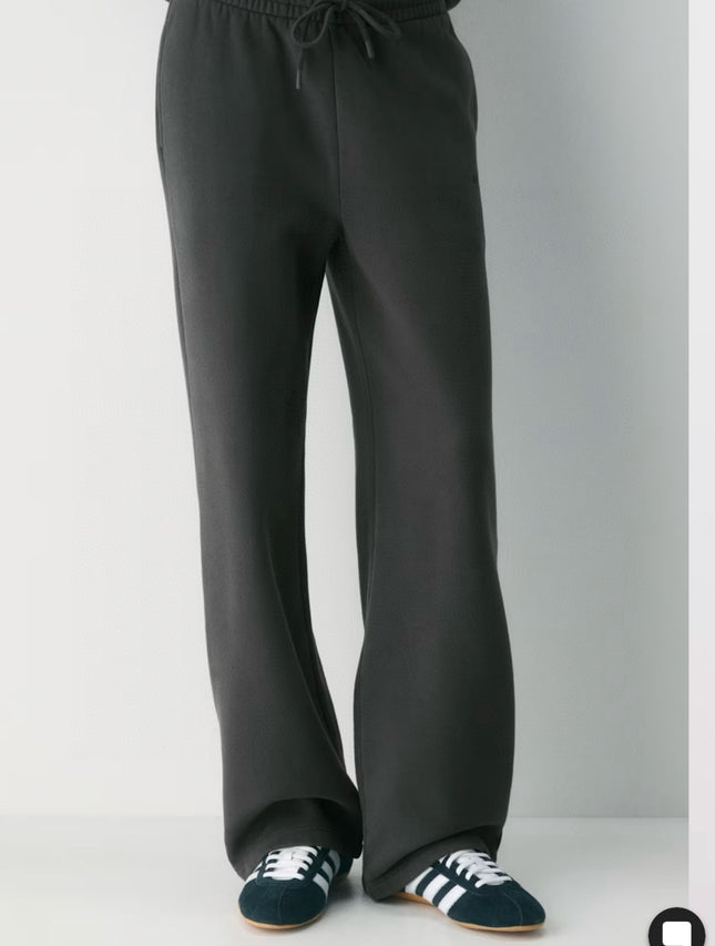 Women's Aritz Coffee-Colored Lead Gray Elastic Waist Autumn and Winter Fleece-Lined Warm Comfortable Straight-Leg Casual Sweatpants