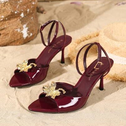 Casual One-Line Strap 2025 Summer New Metal Flower Sexy Open-Toe Women's Stiletto High-Heeled Casual Sandals