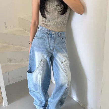Versace American-Style Silhouette Curved Knife Jeans for Women with Multiple Pockets, Deconstructed Washed Straight Wide-Leg Pants