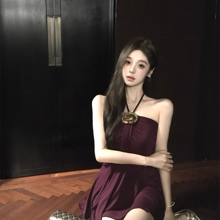 Elegant and Sexy Waist-Cinching French-Style A-Line Short Dress, 2025 Summer New Retro Purple Slim-Fit Dress
