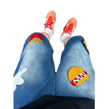 Retro Burger Fries Towel Embroidered Denim Shorts for Men and Women Loose Summer 2025 New Straight Wide Leg Pants