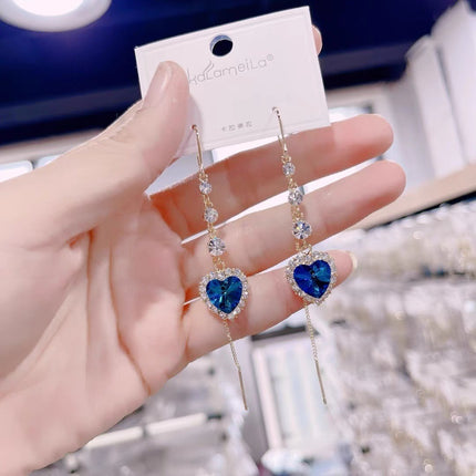 Heart to Heart Blue Crystal Love Ear Line Women's Light Luxury High-end Sense Long Face Slim Elegant All-match Earrings