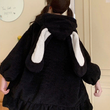 Autumn and Winter Soft Girl Cute Fur Ball Rabbit Ears Hooded Imitation Cashmere Thickened Sweatshirt Jacket Student Girl Wholesale