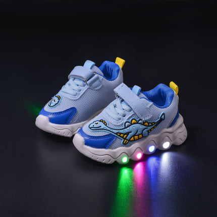 Spring New Style Dinosaur Led Light Sneakers for Boys and Girls Spring & Fall New Mesh Breathable Casual Light Shoes for Children and Middle-Aged Children