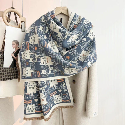 New Double-Sided Scarf for Women with Cute Cats, Thickeneded Imitation Cashmere Shawl for Winter, Knitted Warm Scarf, Versatile