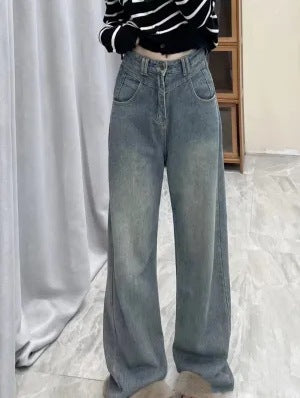 American Retro Blue Straight-Leg Jeans for Women, Spring & Fall Design, Niche High-Waisted Loose Wide-Leg Floor-Length Pants