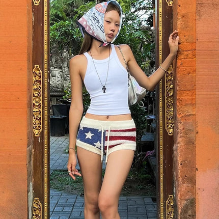 Street Style Sexy Low-Waist Star Stripesd Contrasting Woolen Shorts Sexy Lace-Up Slim Fit Versatile Retro Style Hot Pants