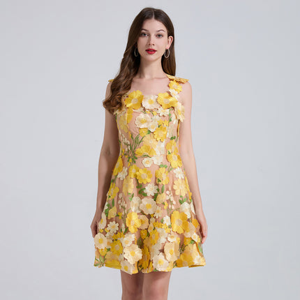 Real Shot of 6 Colors European Heavy Embroidery Floral Slim-Fit Spaghetti Strap Dress Niche Mini Dress