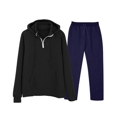 European and American Cross-Border Long-Sleeved Waffle Top Aliexpress Solid Color Drawstring Pocket Hoodie Sweatshirt and Sweatpants Set
