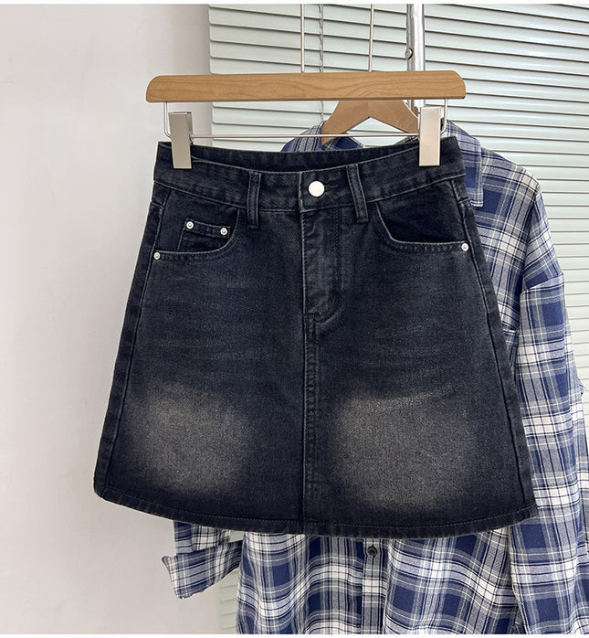 Plus Size Women's Design Denim Skirt Summer New Pear-Shaped Figure Fat mm High Waist Slimming Look A-Line Skirt