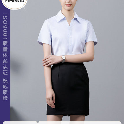 Blue Stripesd Shirt Women's Short-Sleeved Slim Hotel Front Desk Work Clothes Professional Shirt Elegant Workwear Embroidered Logo