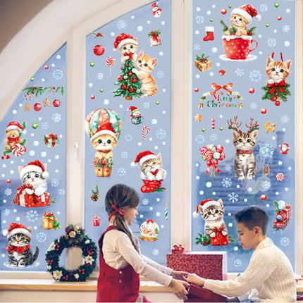 Cross-border New Cute Christmas Cat Balloon Gift Snowflake Glass Stickers Christmas Shopping Mall Glass Door Decorative Stickers