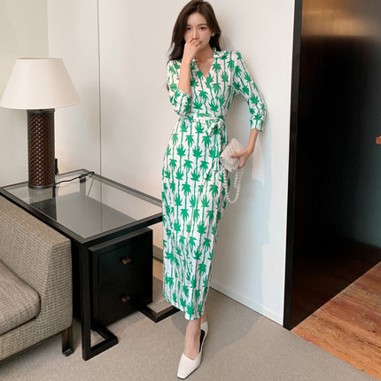 Foreign trade women's clothing real shot in stock wrap dress v-neck green slimming long elegant slim women's waist one-piece