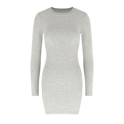 AC453 Cross-border New Round Neck Solid Color Elastic Tight Long Sleeve Bag Hip Slim-fit Slimming Figure dress